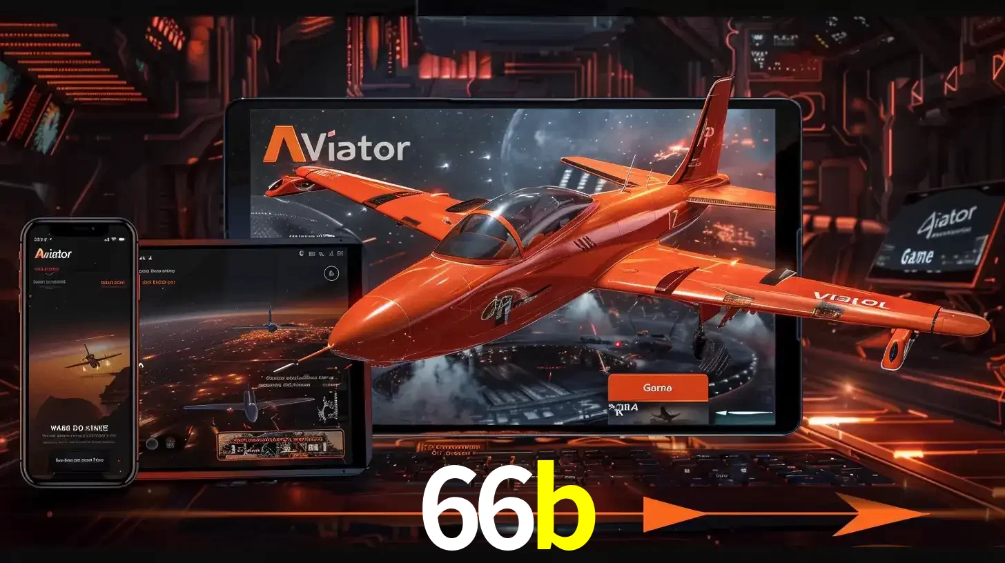 Apresentação tecnológica do jogo Aviator com um avião saindo da tela de um tablet, demonstrando a experiência imersiva em múltiplos dispositivos no 66b.