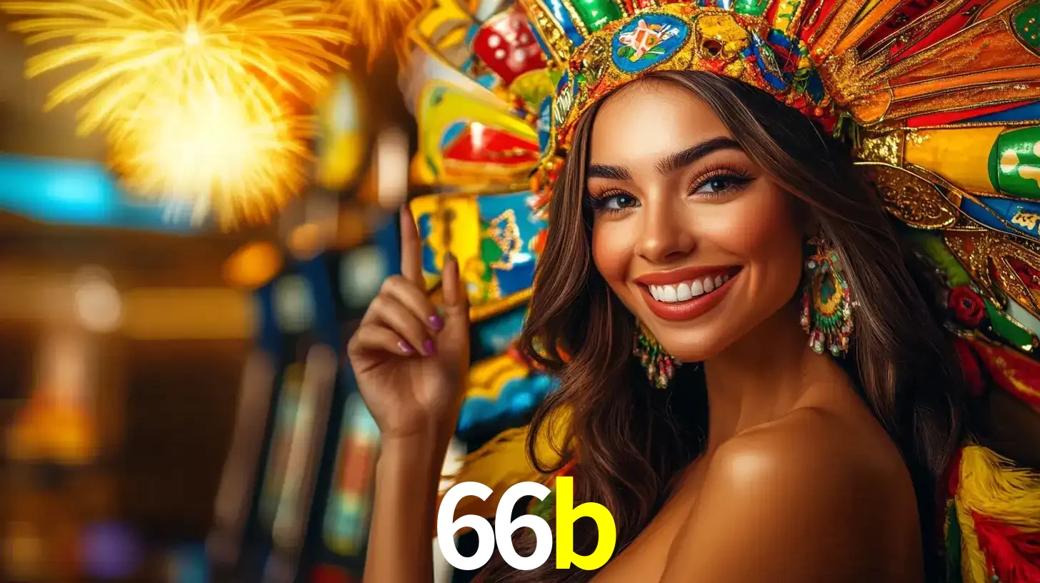 Mulher sorridente com um cocar de carnaval vibrante e colorido, celebrando uma grande vitória nos jogos do cassino 66b com fogos de artifício ao fundo.