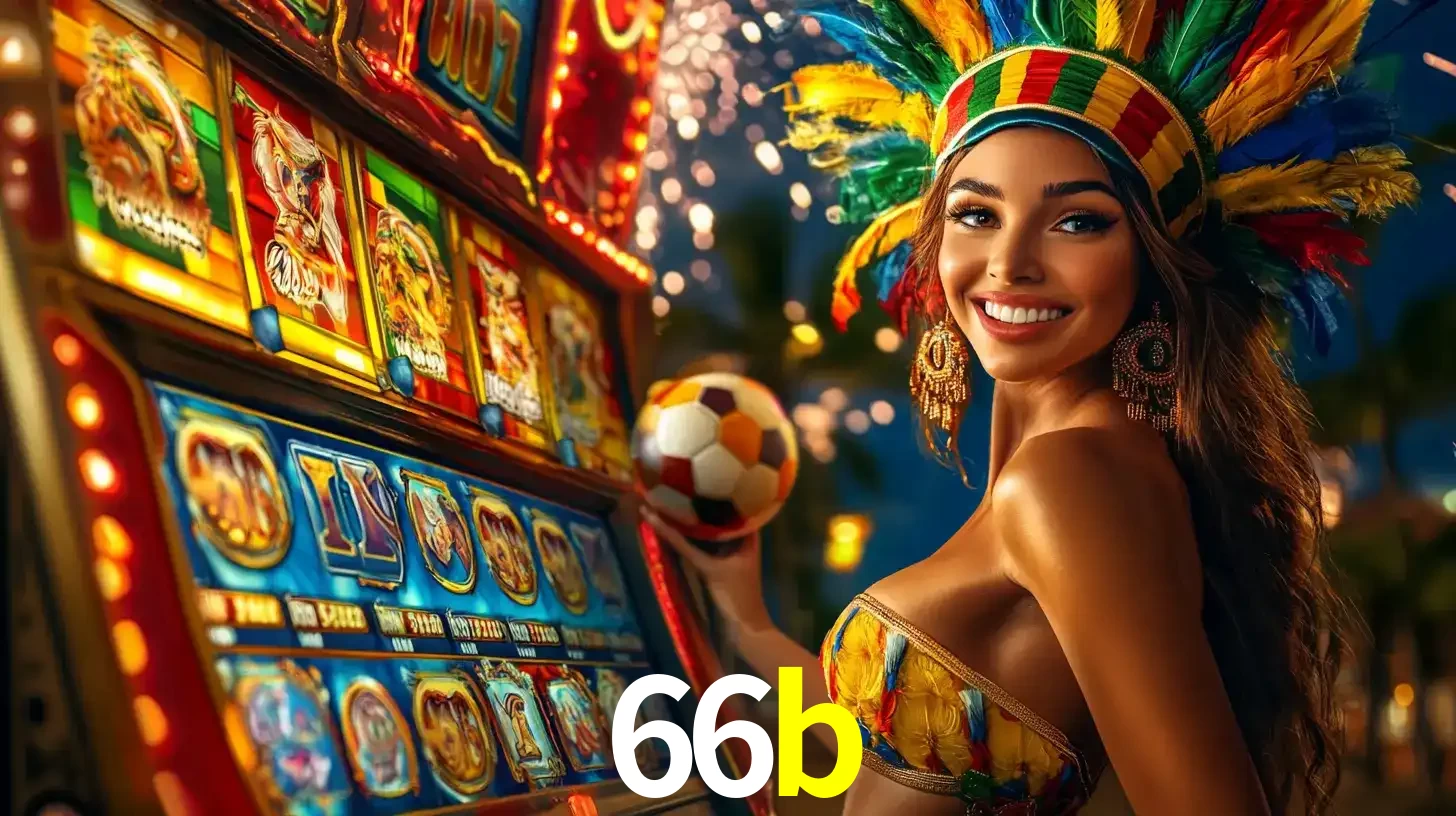 Mulher com um cocar de carnaval ao lado de uma máquina de caça-níqueis enquanto segura uma bola de futebol, mostrando a união da diversão de cassino e esportes no 66b.