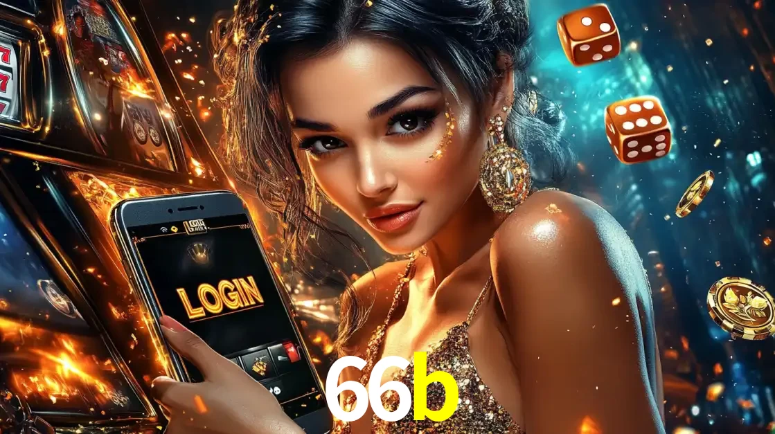 Mulher glamourosa segurando um celular com a tela de login do cassino 66b, rodeada por dados e moedas douradas, pronta para começar a diversão.