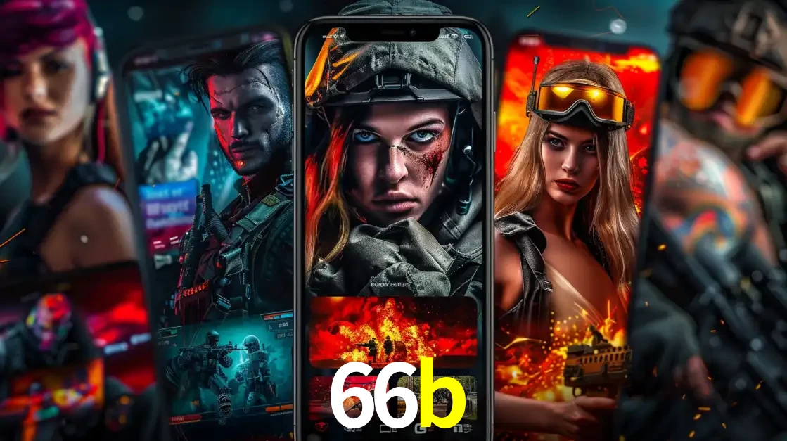 Montagem de telas de celular mostrando diversos personagens, masculinos e femininos, de um jogo de tiro, ilustrando a diversidade de equipes de e-sports para apostar no 66b.