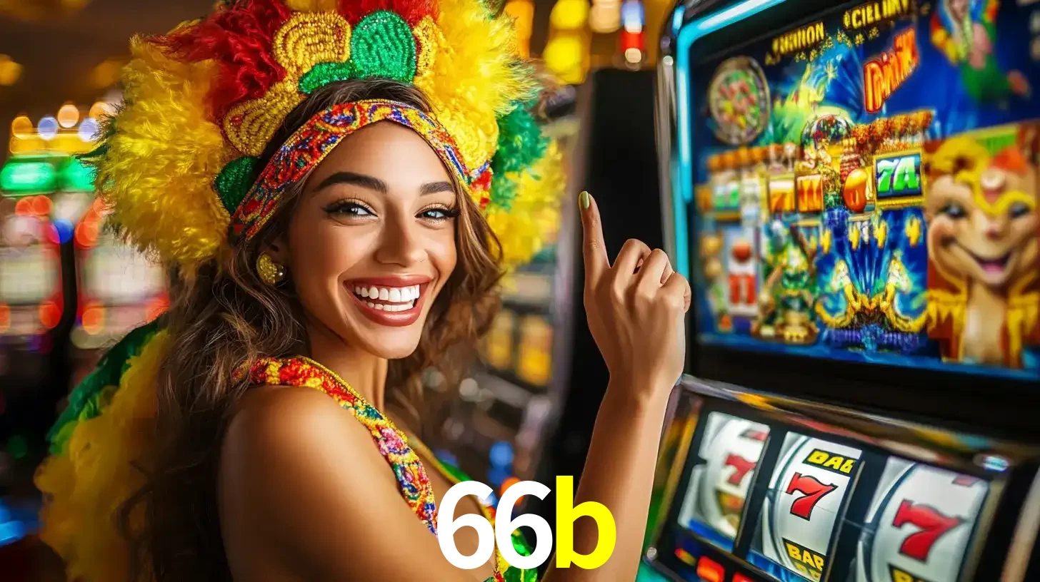 Mulher animada com um cocar de carnaval apontando para uma máquina de caça-níqueis, mostrando a emoção de ganhar um grande prêmio nos jogos do 66b.