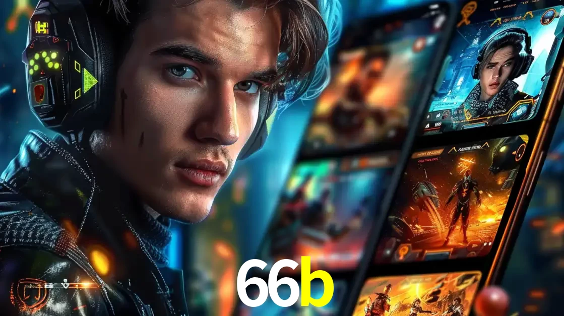 Jovem jogador com fones de ouvido olhando para a câmera, com um aplicativo de jogos e e-sports para celular ao fundo, pronto para a competição e apostas no 66b.