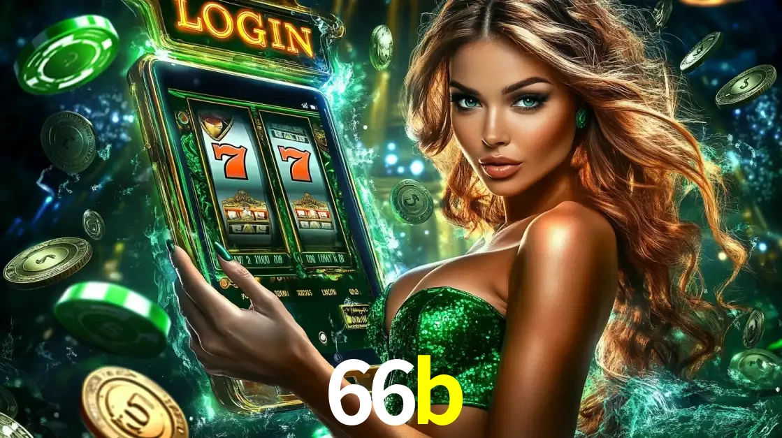 Mulher com tema verde apresentando o aplicativo do cassino 66b com um jogo de slot de 777, cercada por fichas de cassino e uma aura de sorte.