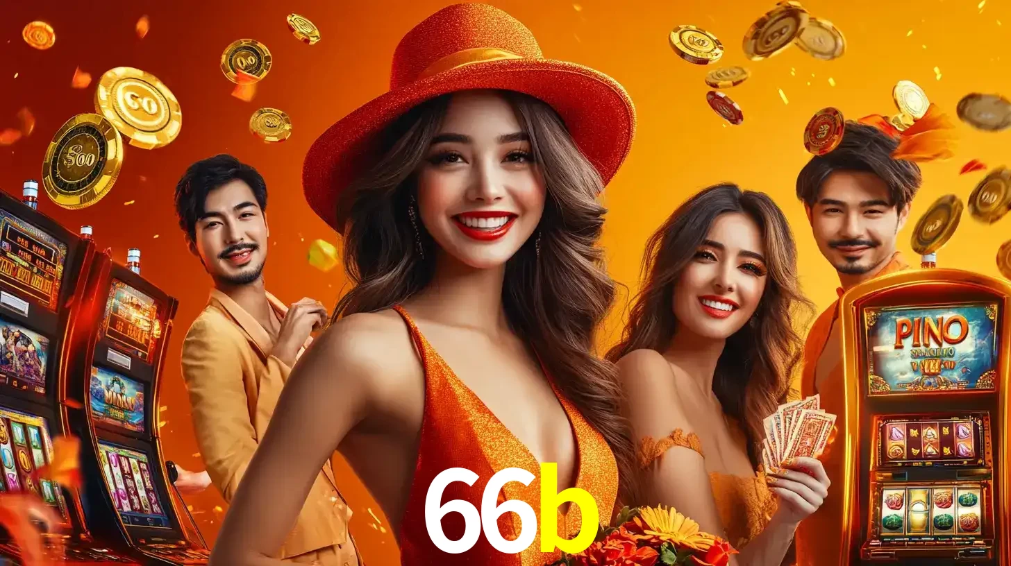 Grupo de amigos asiáticos sorrindo e se divertindo com máquinas de caça-níqueis em um ambiente festivo, celebrando suas vitórias nos jogos de cassino do 66b.