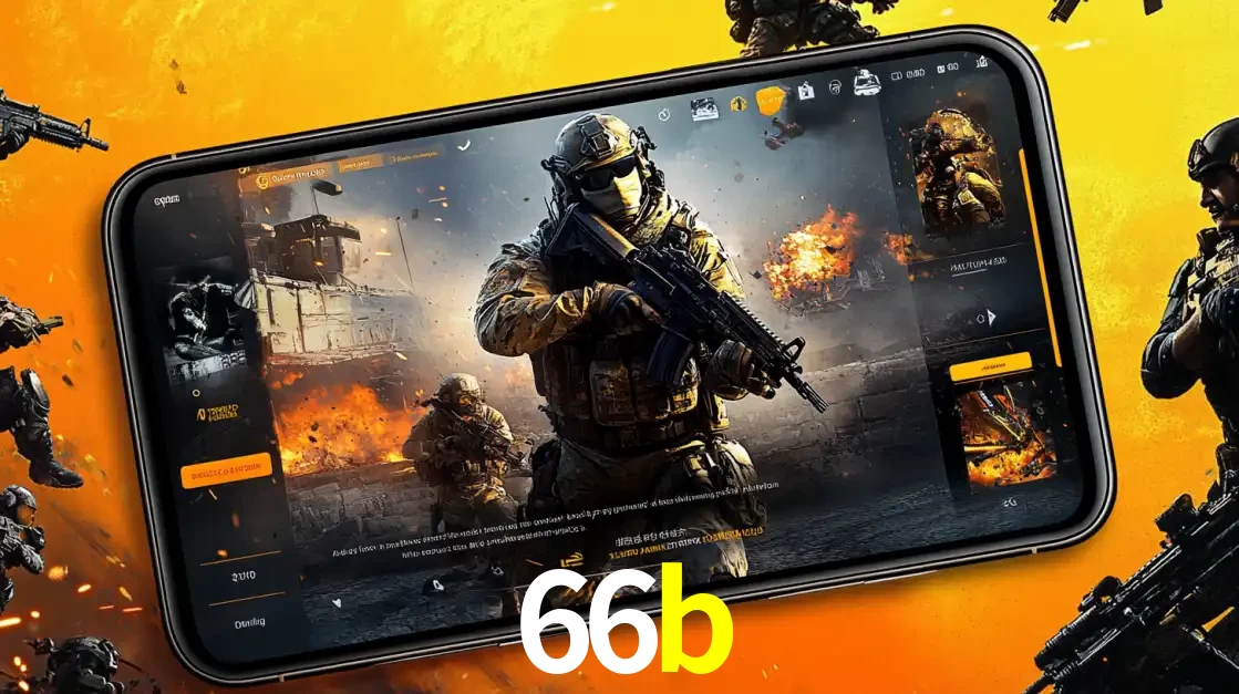 Um smartphone exibindo a interface de um jogo de tiro em primeira pessoa, com um soldado em um cenário de batalha, representando a ação dos e-sports para apostar no 66b.
