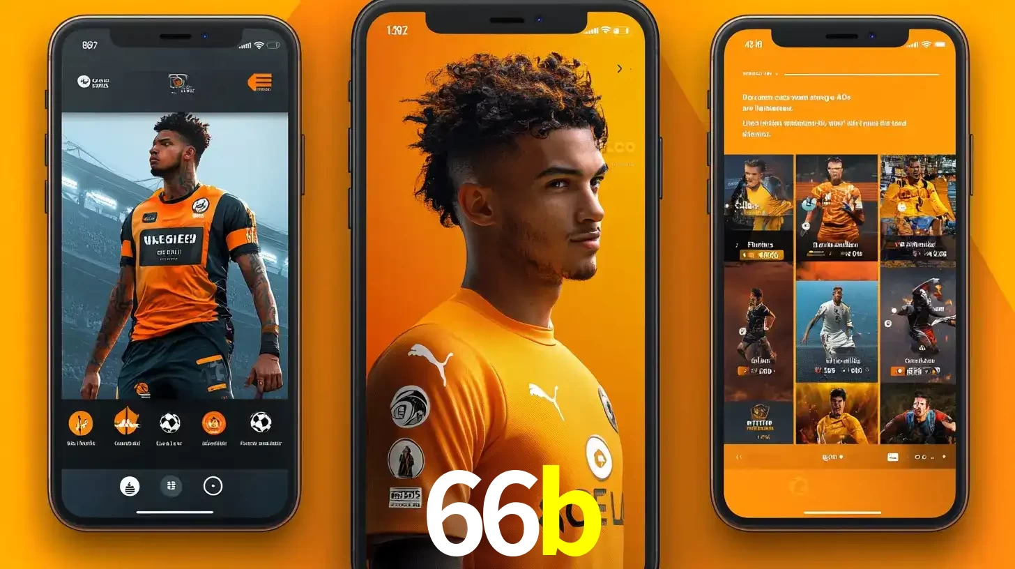 Interface do aplicativo de apostas esportivas 66b em três telas de celular, mostrando o perfil de um jogador de futebol e a lista de jogos disponíveis para apostar.
