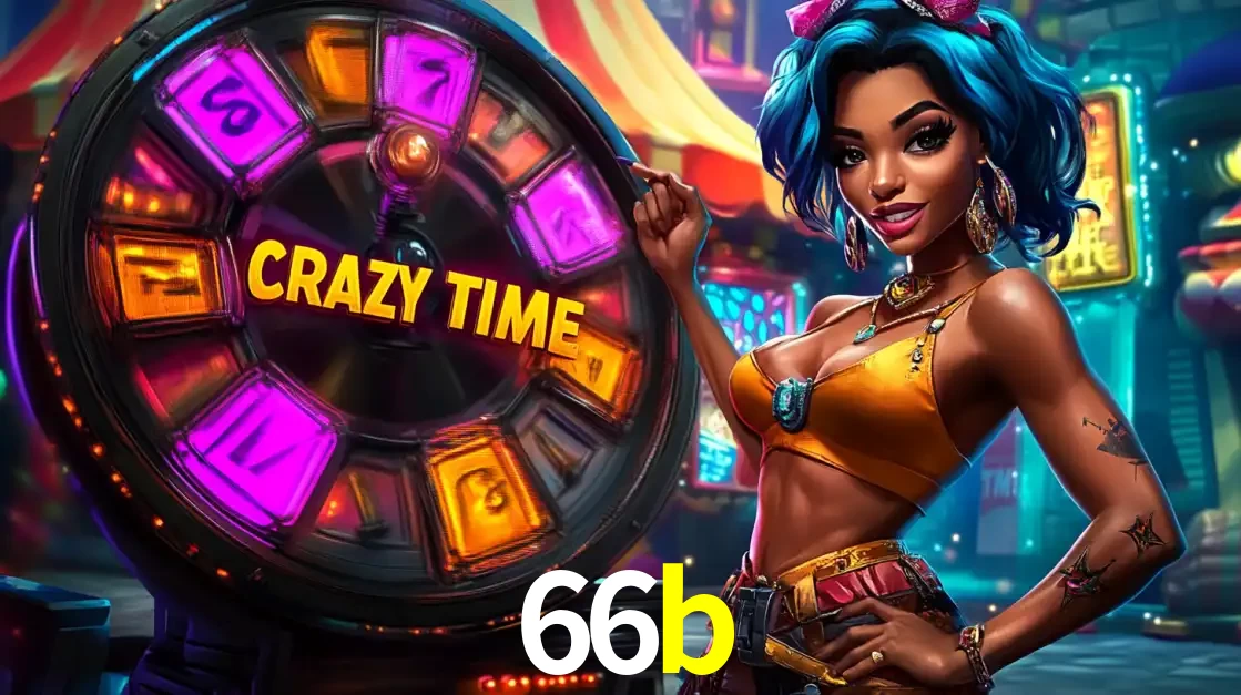 Mulher estilizada com cabelo azul e visual vibrante posando ao lado da roda de prêmios do game show Crazy Time, convidando para a diversão e os bônus do cassino 66b.