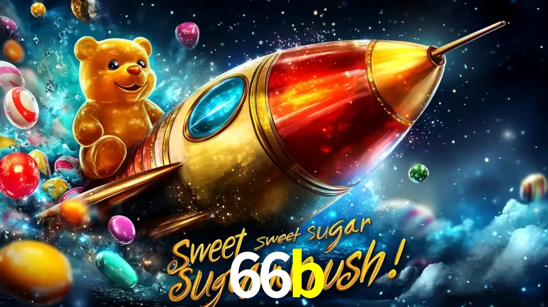 Arte promocional do jogo de slot Sugar Rush, com um urso de pelúcia em um foguete viajando pelo espaço de doces, um dos jogos divertidos disponíveis no cassino 66b.