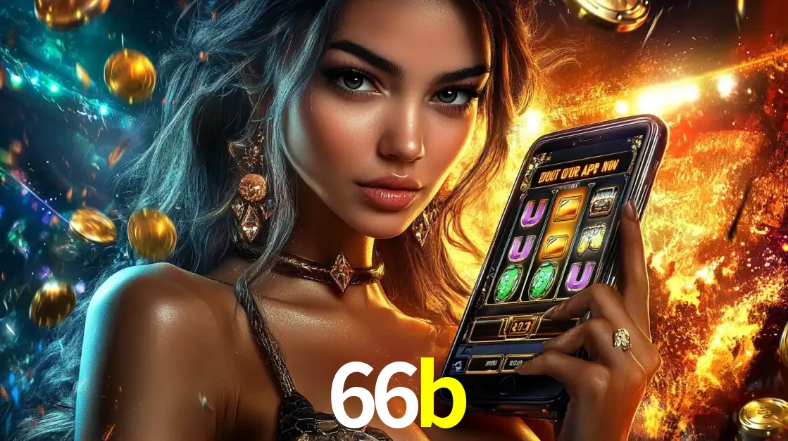Mulher elegante mostrando um jogo de caça-níqueis em seu smartphone, destacando a experiência de cassino móvel oferecida pelo aplicativo 66b.