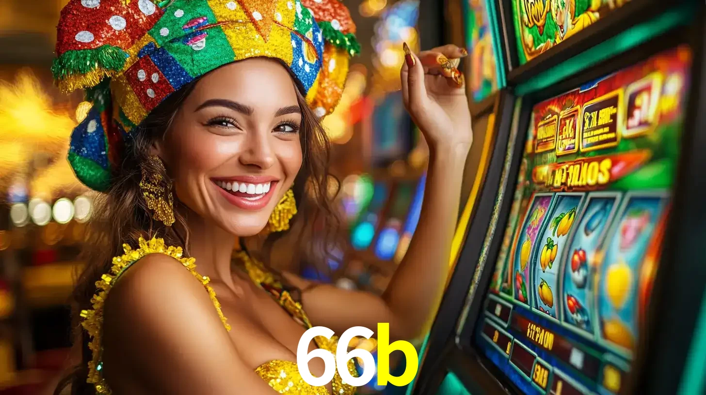 Mulher feliz com traje de carnaval amarelo e colorido ao lado de uma máquina de caça-níqueis, aproveitando a diversão e os jogos temáticos do cassino 66b.