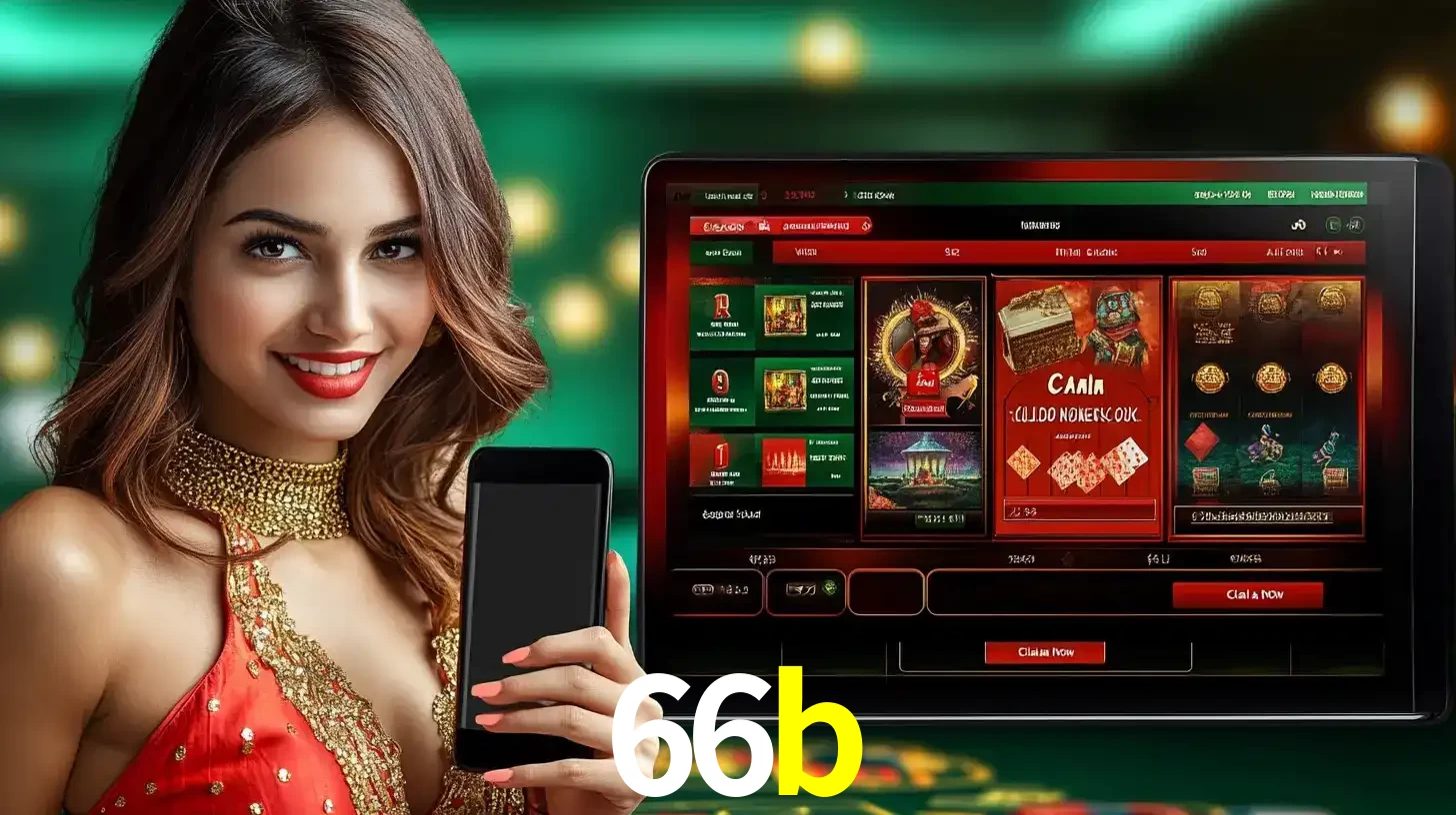 Mulher sorridente segurando um smartphone, ao lado de uma tela exibindo o lobby de jogos do cassino online 66b, com várias opções de jogos de cartas e slots.